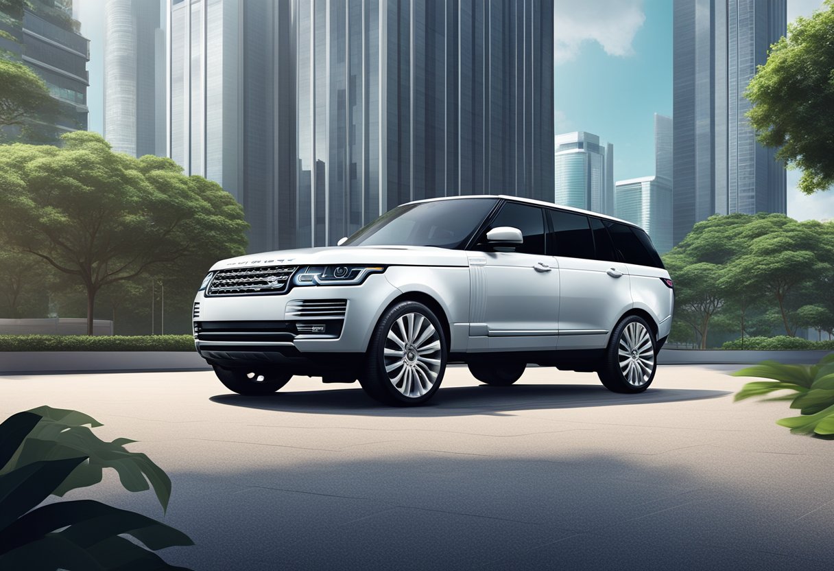 A sleek Range Rover parked in the heart of Singapore, surrounded by modern skyscrapers and lush greenery
