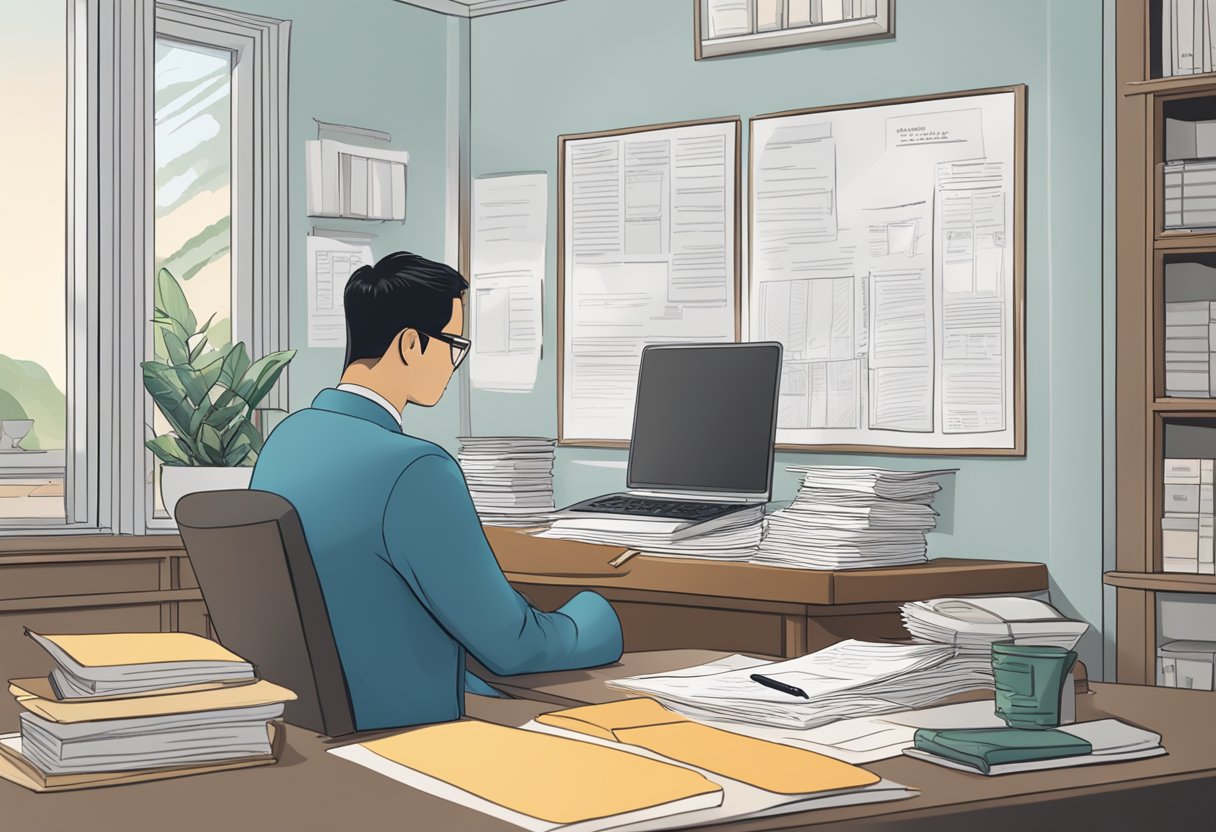 A desk with legal documents, a pen, and a computer. A person sitting in a chair, reading a document. A sign on the wall reads "Frequently Asked Questions Power of Attorney Singapore."