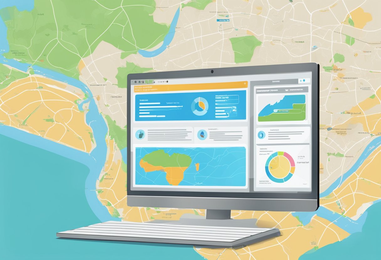 A computer screen with "Frequently Asked Questions" displayed, with a map of Singapore in the background