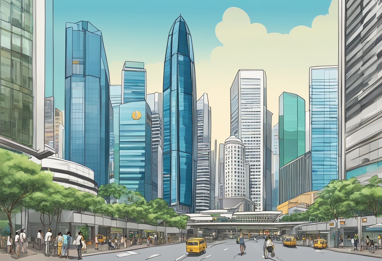 A bustling city scene with skyscrapers and a prominent building labeled "Raffles Place Republic Plaza" in Singapore