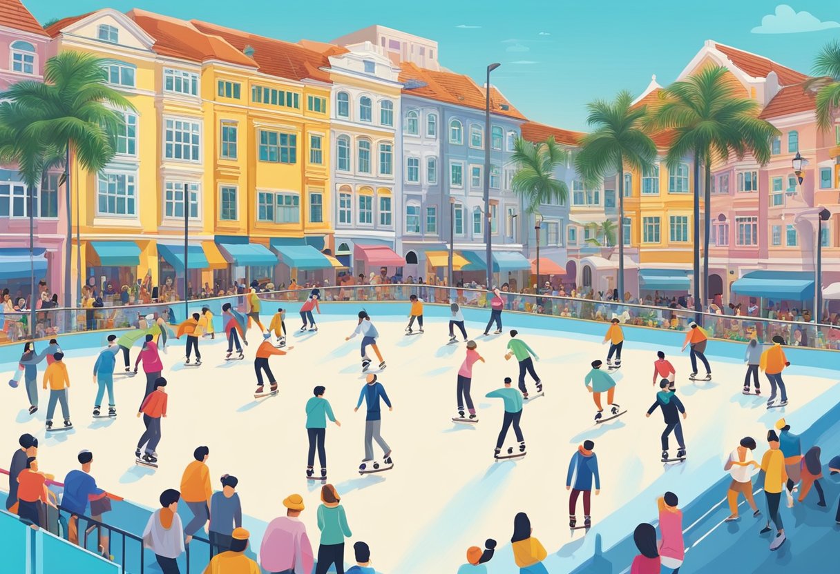People skating on a vibrant ice rink in Singapore, surrounded by colorful buildings and palm trees under a clear blue sky
