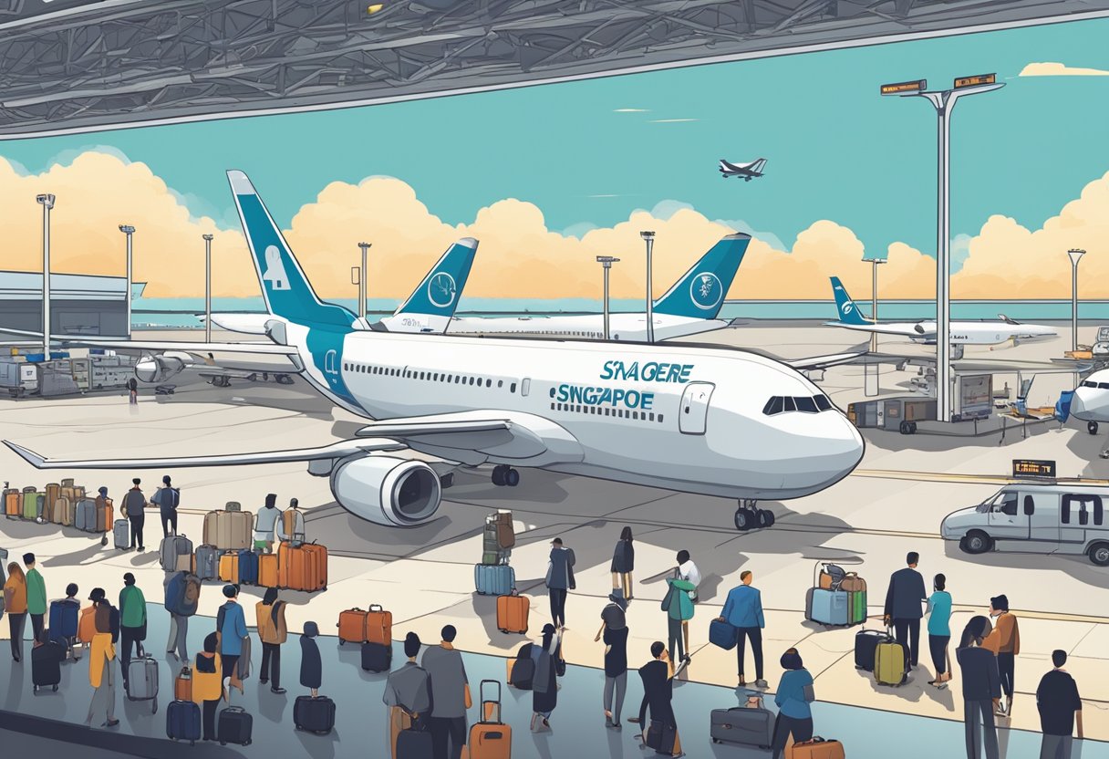 A bustling airport with planes on the runway, luggage being loaded onto a plane, and a departure board showing flights from Singapore to Seoul