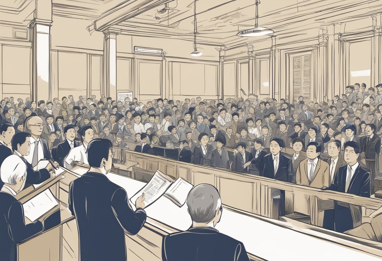 Bustling auction hall with bidders raising paddles. Signs read "Frequently Asked Questions" and "Property Auction Singapore." Auctioneer stands at podium
