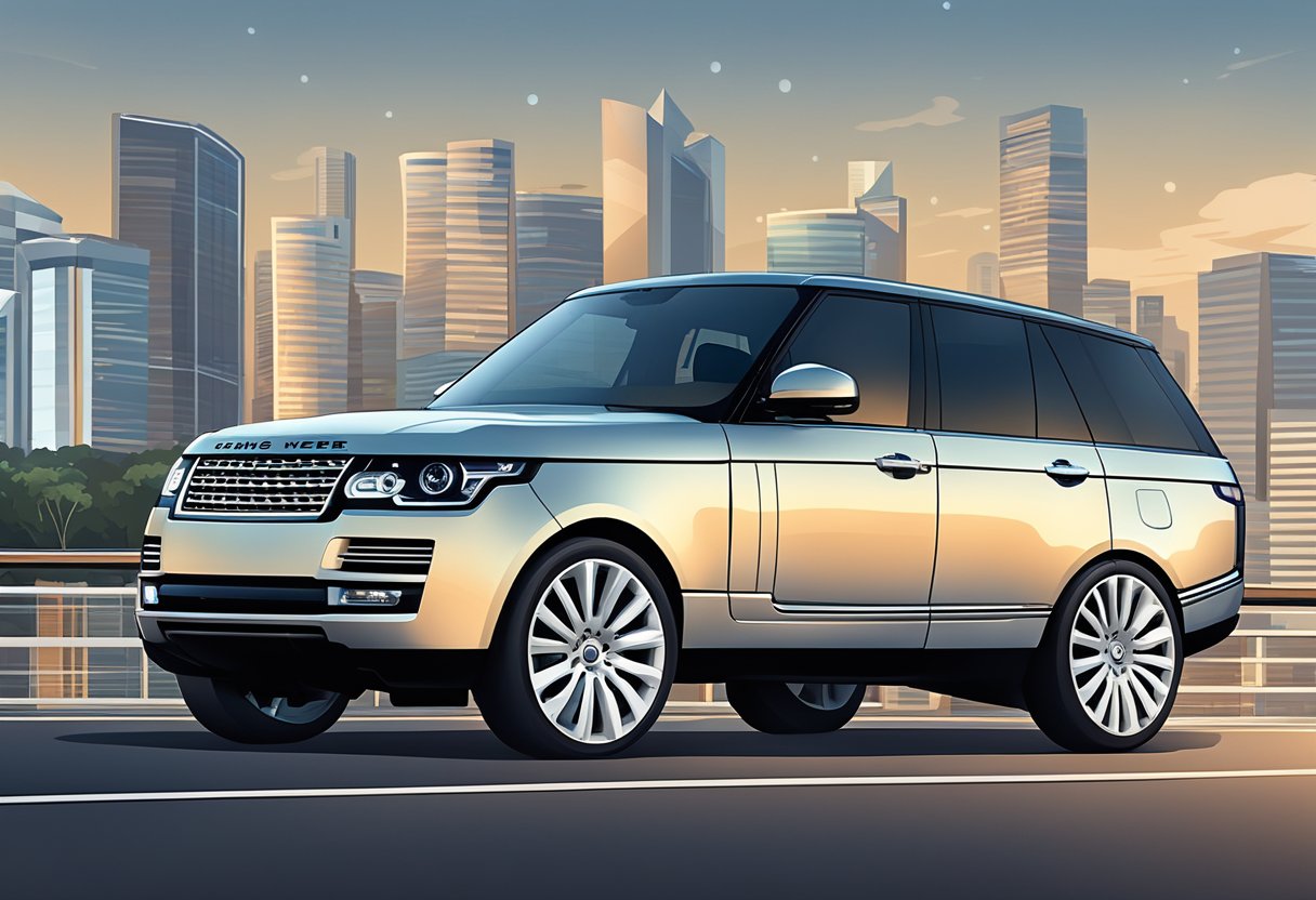 A sleek Range Rover parked in front of a modern Singapore cityscape, with the iconic skyline in the background