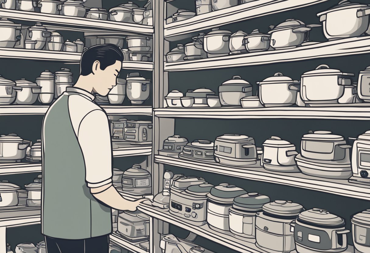 A person standing in front of a shelf lined with various rice cookers, carefully examining the features and specifications of each model before making a decision