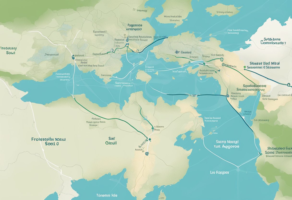 A map showing the route from Singapore to Seoul with a list of frequently asked questions displayed on a computer screen