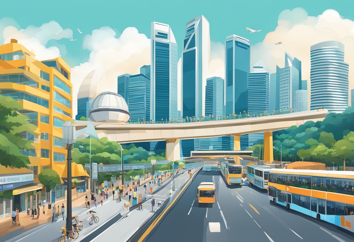 The bustling streets of Singapore, with iconic landmarks like the Marina Bay Sands and the Singapore Flyer towering over the cityscape