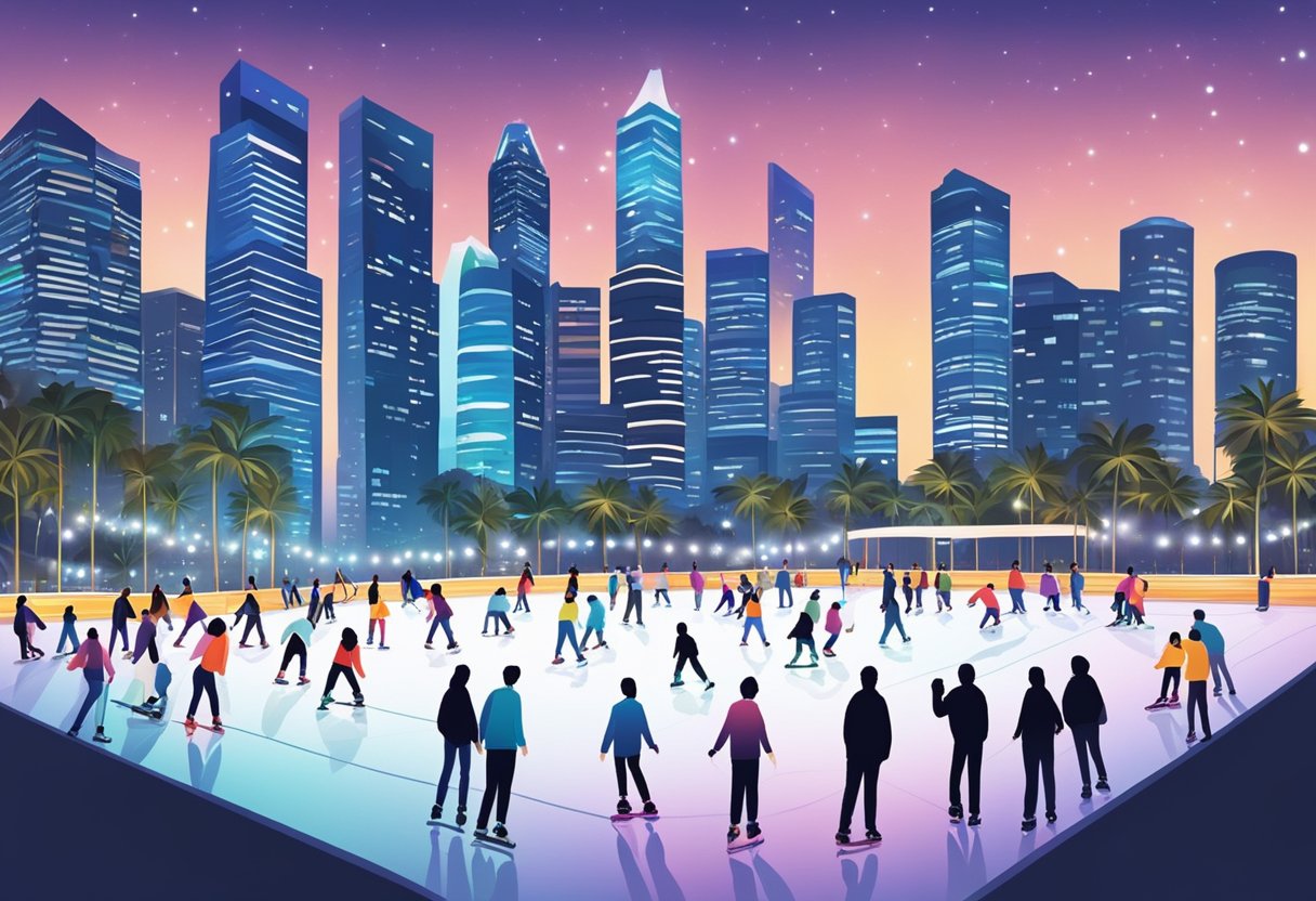 Skaters gather at the rink, gliding gracefully on the smooth ice under the bright lights of the Singapore skyline