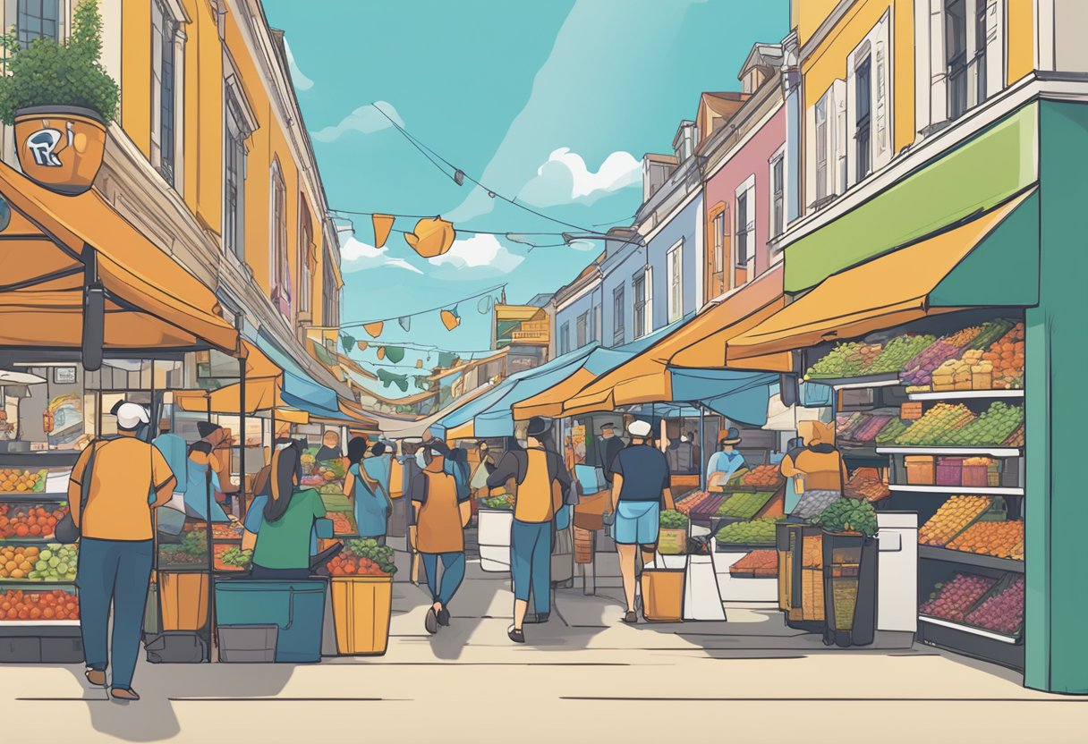 Ryde's logo prominently displayed at a bustling market with diverse vendors and customers. The company's branding is visible on various stalls and promotional materials