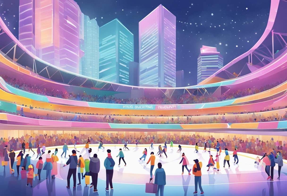 A colorful and bustling ice skating rink in Singapore with a sign reading "Frequently Asked Questions" in the background