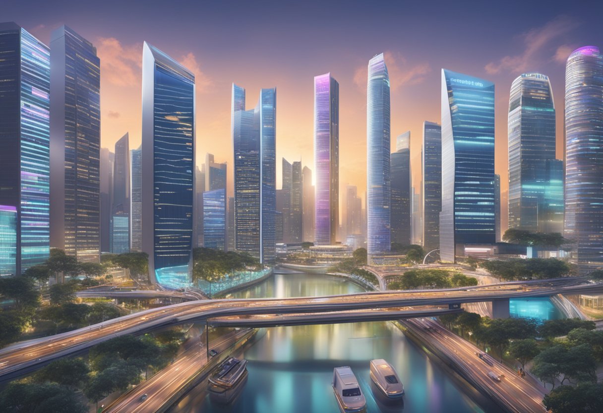 A cityscape with skyscrapers, transportation networks, and digital screens displaying regulations and competition in Singapore
