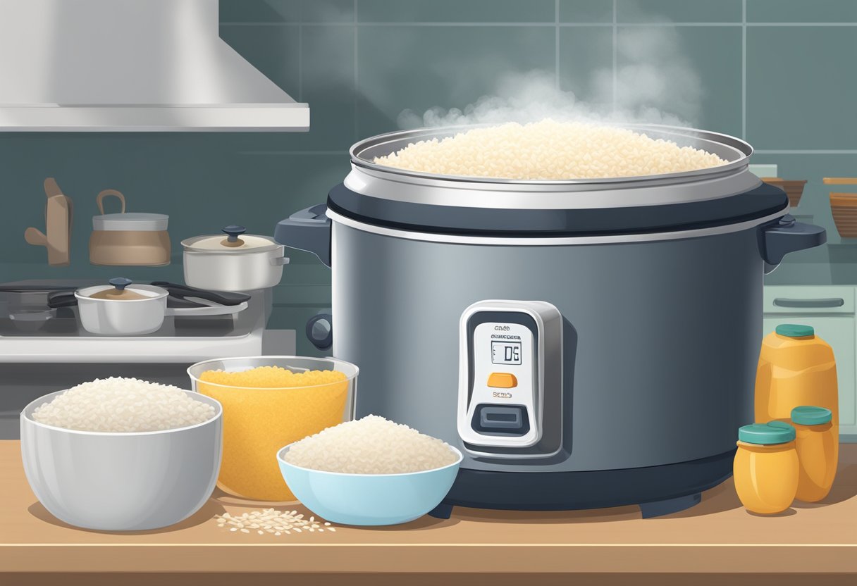A rice cooker sits on a kitchen counter, steam rising from the lid. A measuring cup and a bag of rice are nearby. Ingredients for a meal are spread out on the counter