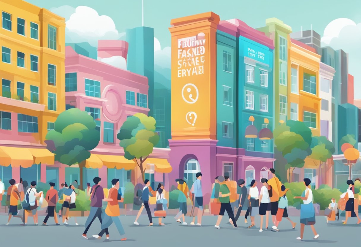 A colorful sign with "Frequently Asked Questions Ryde Singapore" displayed prominently, surrounded by people seeking information