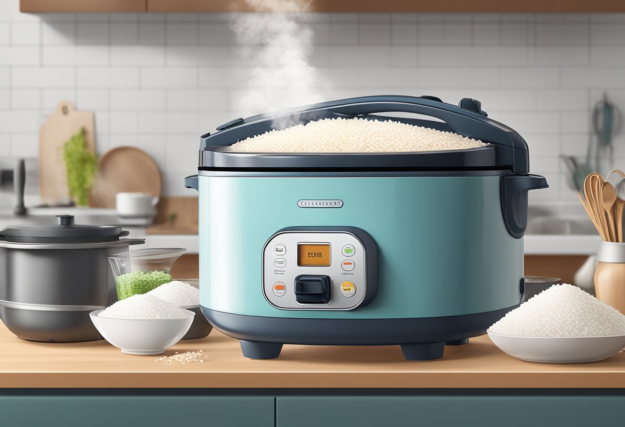 A rice cooker sitting on a kitchen countertop with steam rising from the lid, surrounded by bags of rice and a measuring cup