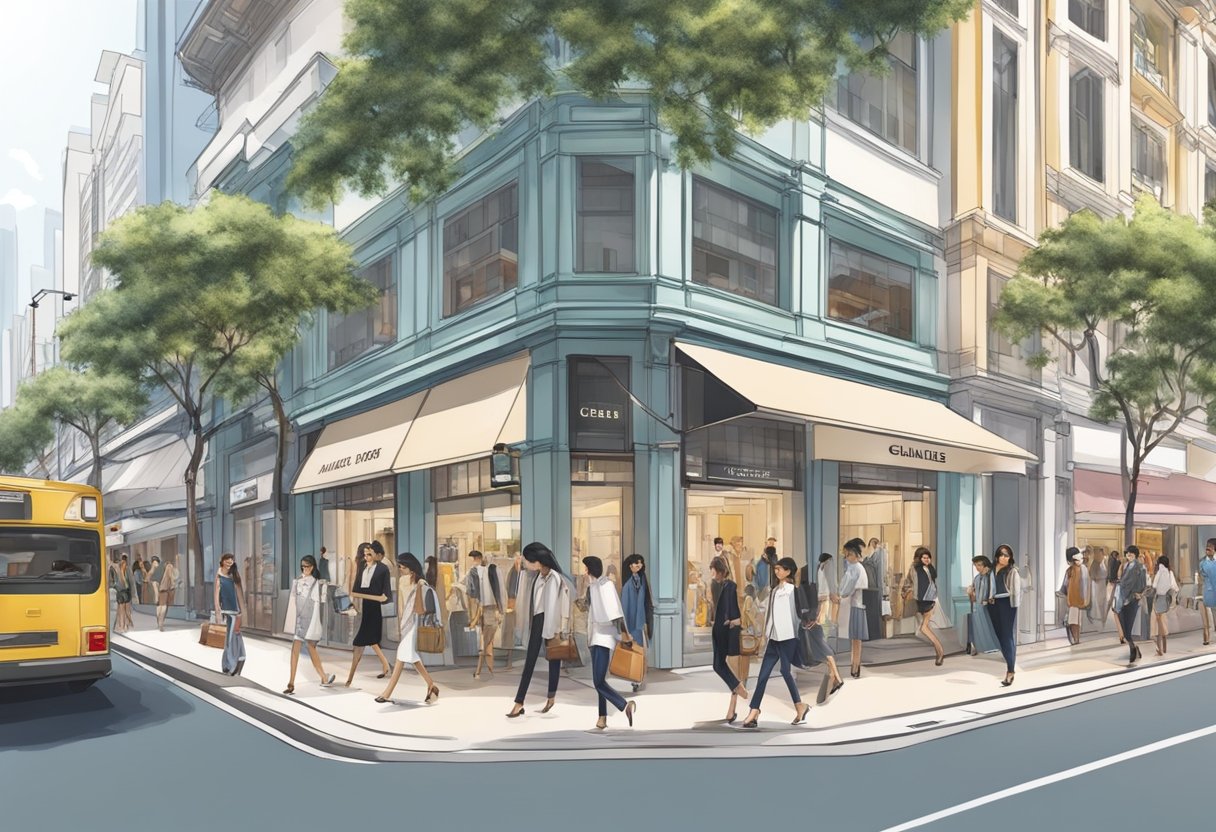 A bustling street in Singapore with a prominent Charles and Keith storefront, displaying the latest fashion and accessories