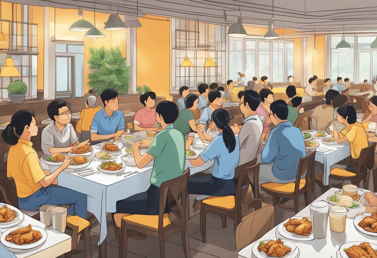 A table with a plate of crispy chicken, surrounded by empty plates and satisfied customers at a bustling restaurant in Singapore