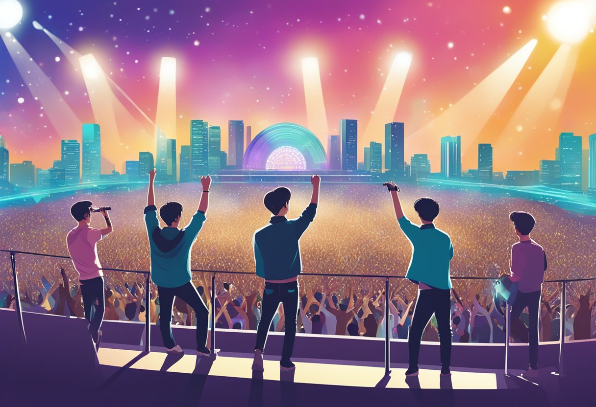 Shinee concert in Singapore, bright stage lights, cheering crowd, city skyline in background