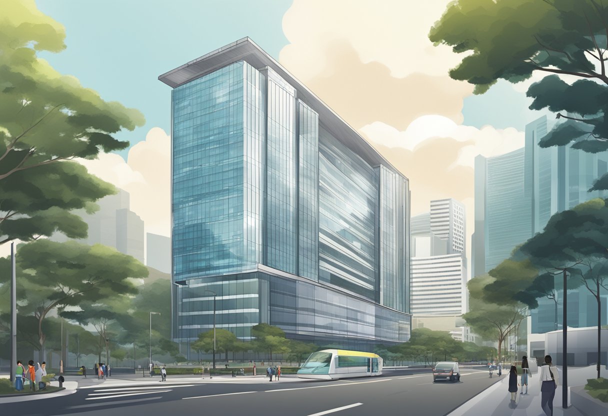 The Department of Statistics Singapore building stands tall and modern, with sleek lines and a glass facade, set against a backdrop of a bustling cityscape