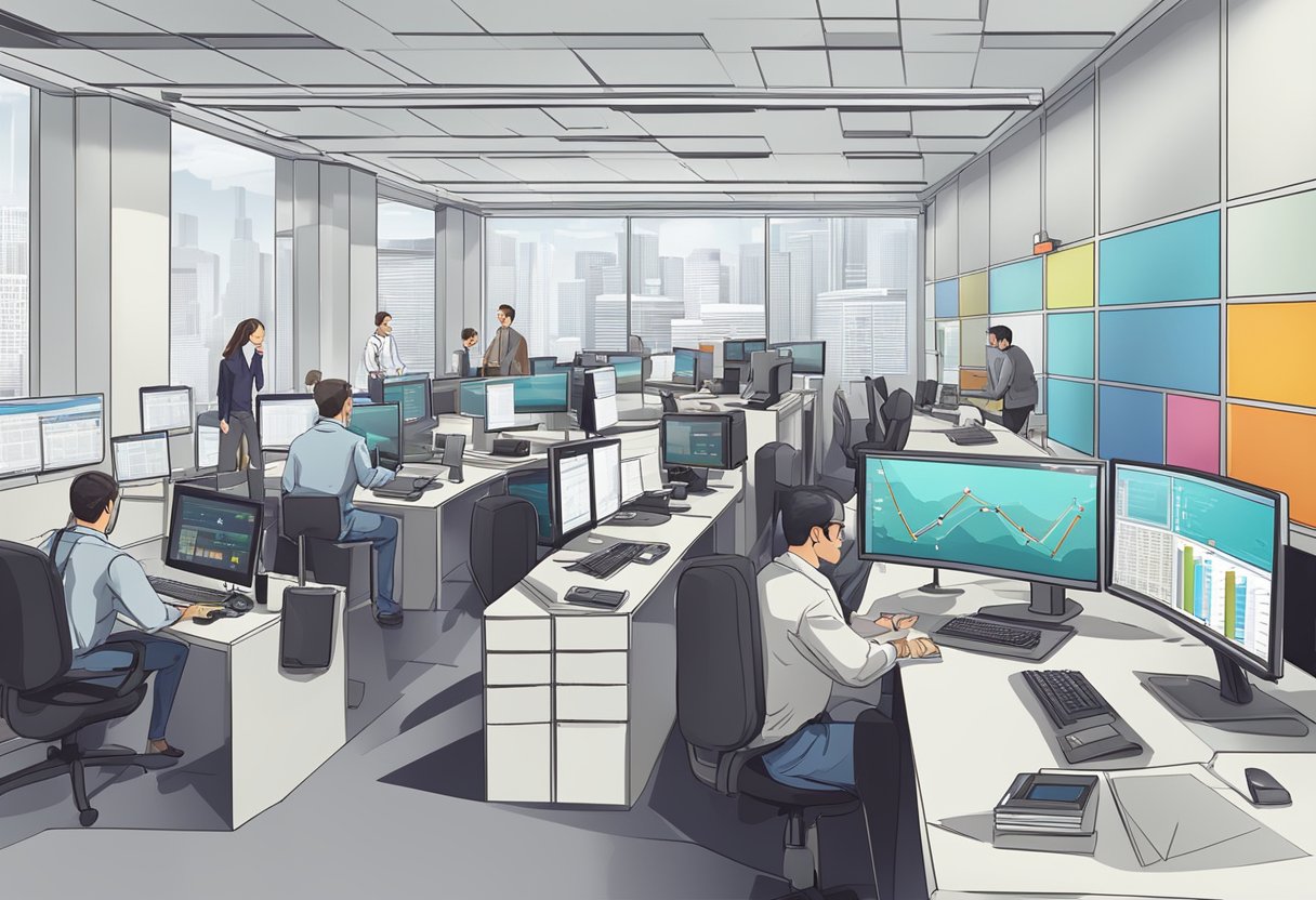 A bustling office with computers and charts, staff analyzing data. Walls adorned with population and demographic graphs
