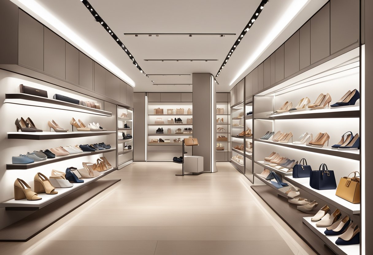 A display of Charles and Keith Singapore's product range, including shoes, bags, and accessories, arranged on sleek shelves with modern lighting