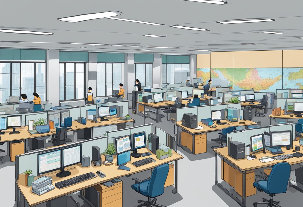 The bustling office of Singapore's Economic and Social Statistics department, filled with desks, computers, and charts