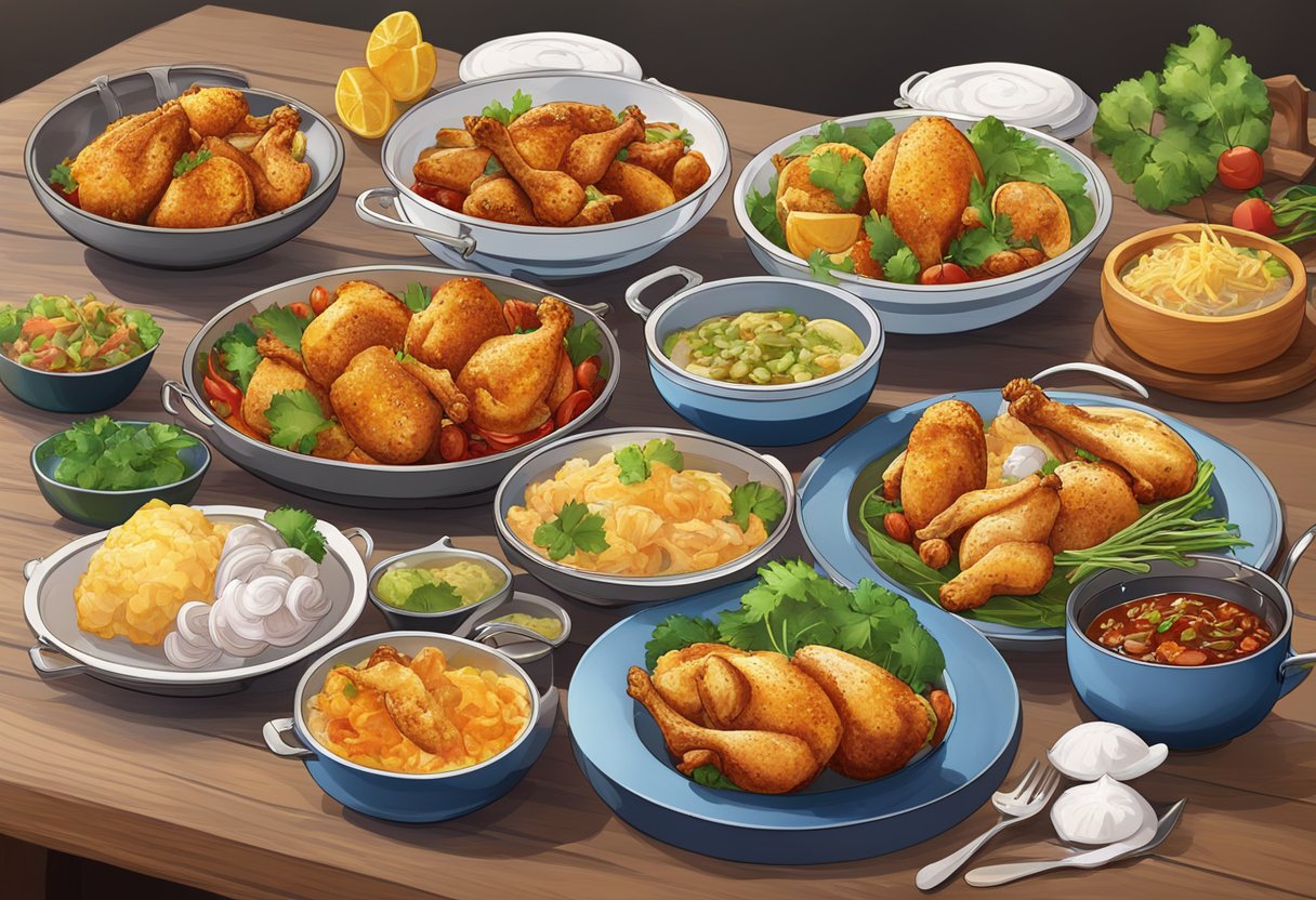 A table set with a spread of BHC Chicken dishes, steam rising, vibrant colors and enticing aromas