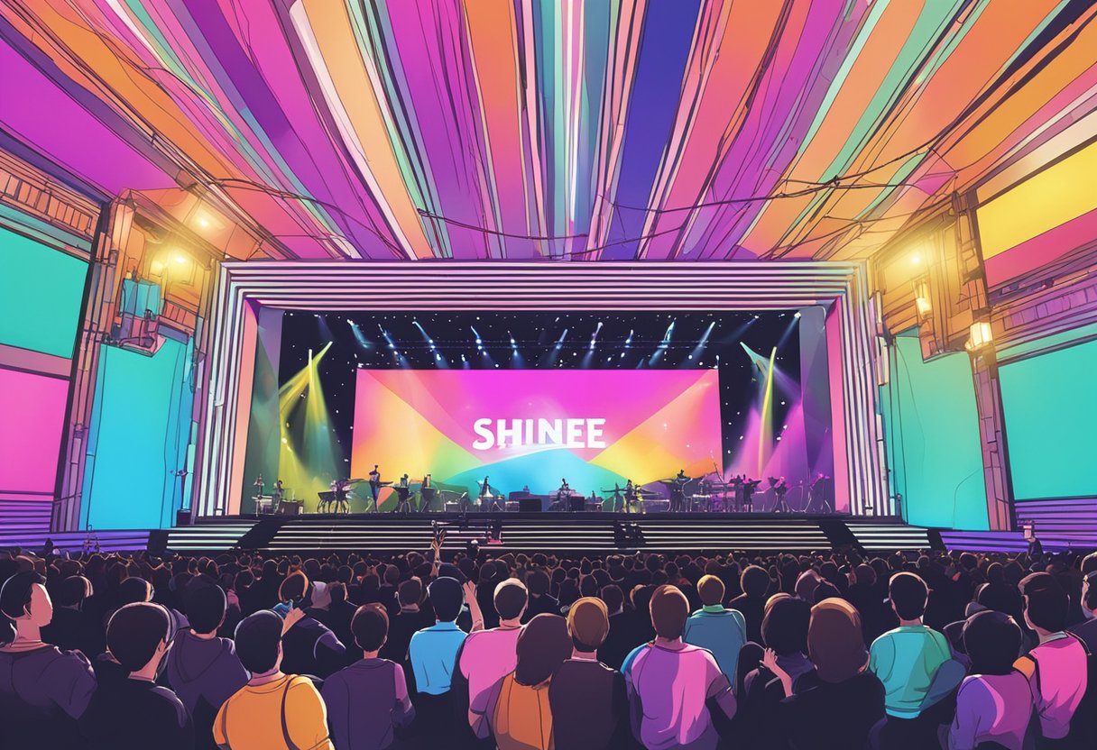 A stage with colorful lights, SHINee's logo projected, and fans cheering in a concert hall