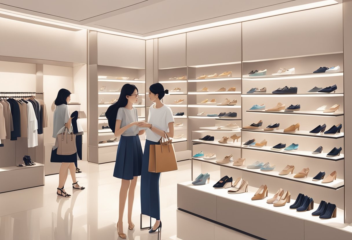 Customers browse shelves of stylish footwear at Charles and Keith in Singapore. Bright lighting and modern decor create a chic shopping atmosphere