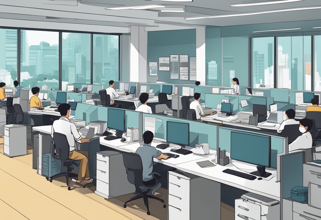 A busy office with people at desks, computers, and filing cabinets. A sign on the wall reads "Frequently Asked Questions department of statistics singapore."