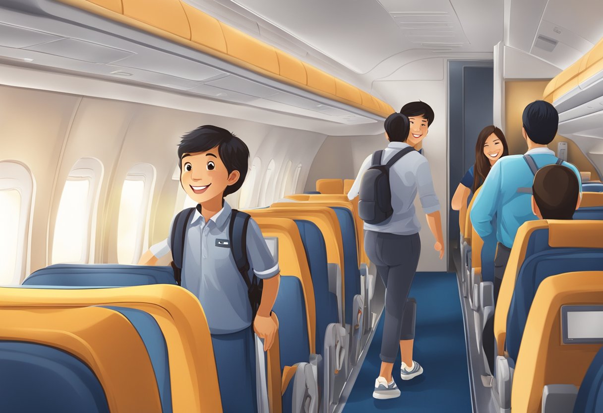A young student eagerly boarding a Singapore Airlines plane, carrying a backpack and waving goodbye with a smile