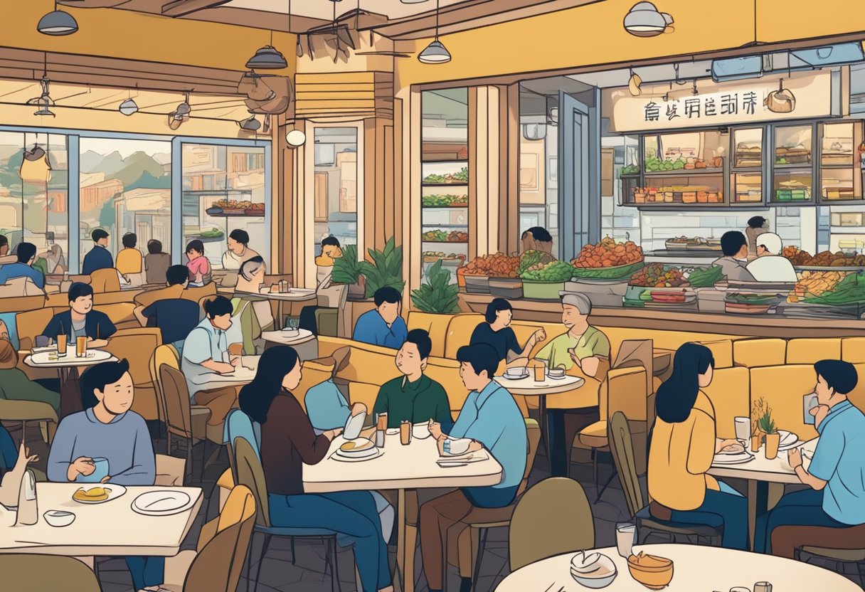 A bustling restaurant with people enjoying their meals, a prominent sign reading "Frequently Asked Questions bhc chicken singapore reviews" displayed on the wall