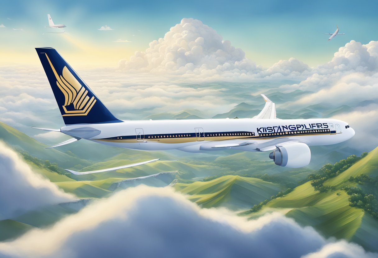 A plane flying high above the clouds with the KrisFlyer logo prominently displayed on its tail, showcasing the benefits of Singapore Airlines membership