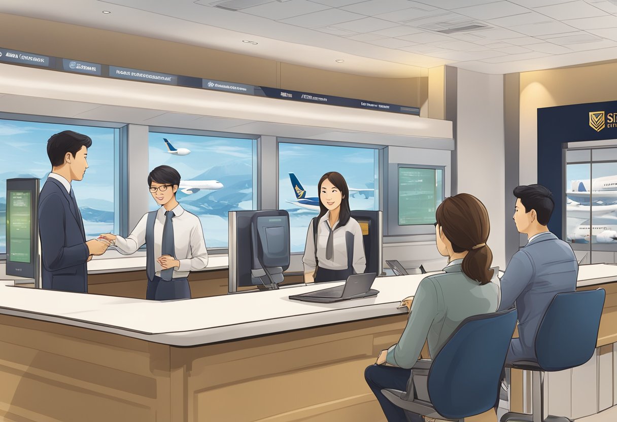 Students asking questions at Singapore Airlines counter. Agent providing assistance. Airplane in background