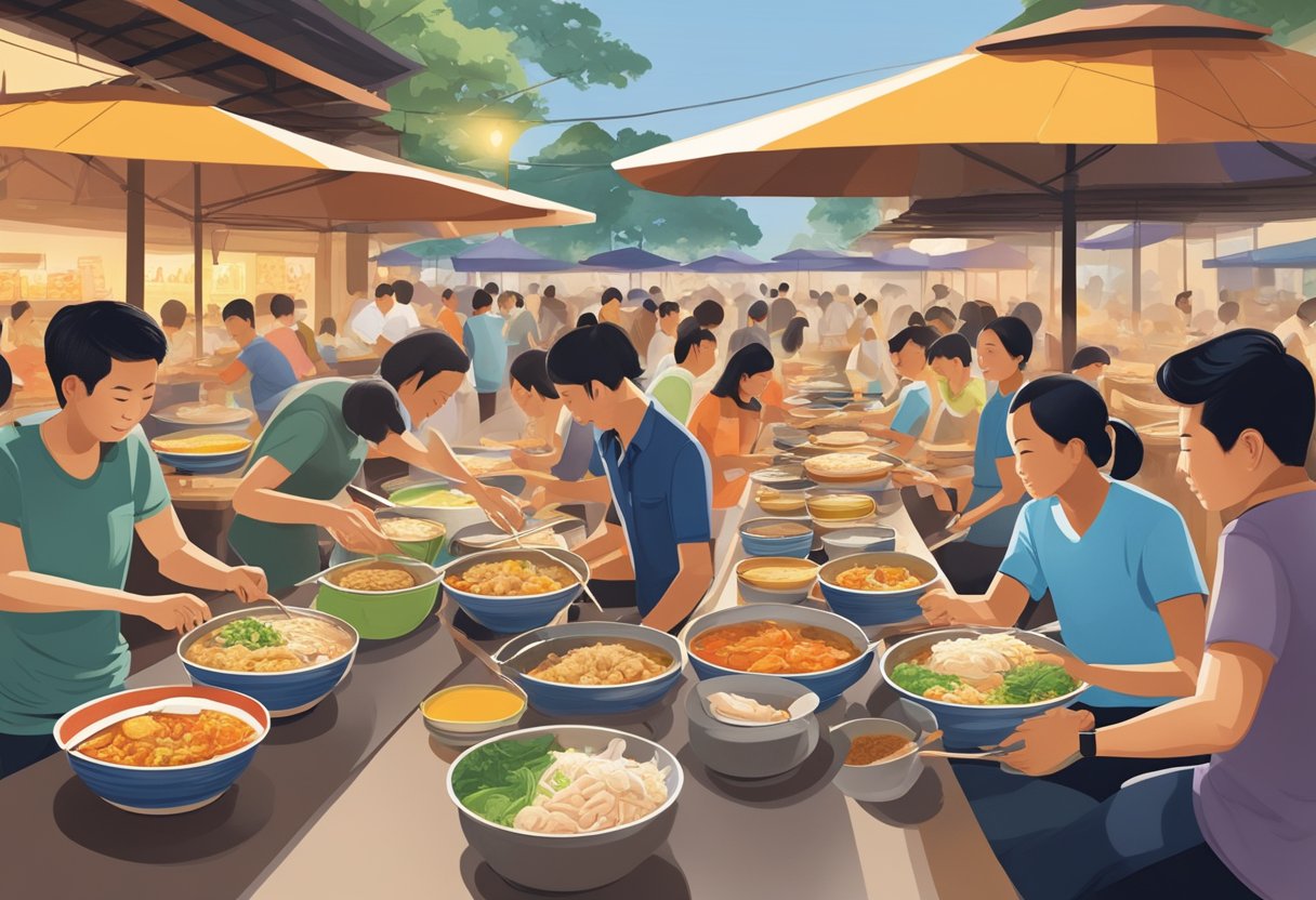 A bustling hawker center filled with the aroma of sizzling satay, steaming bowls of laksa, and colorful plates of Hainanese chicken rice