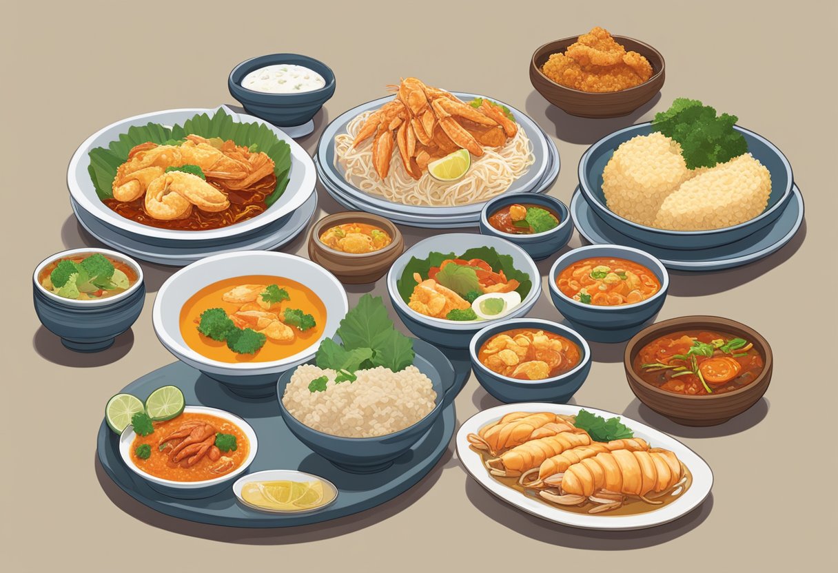 A table filled with colorful plates of iconic Singaporean dishes, including Hainanese chicken rice, laksa, and chili crab