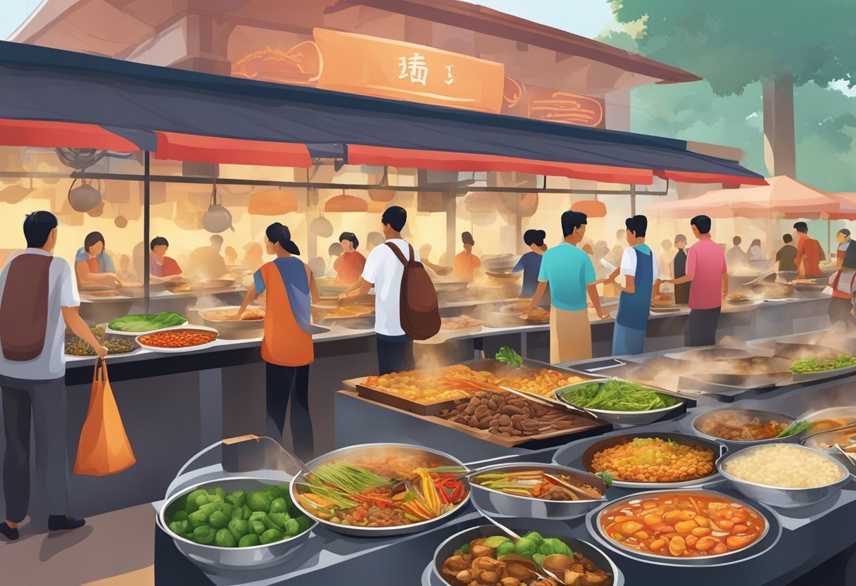 A bustling hawker center with steaming woks, sizzling grills, and colorful displays of diverse cuisines from Indian, Chinese, Malay, and Peranakan cultures