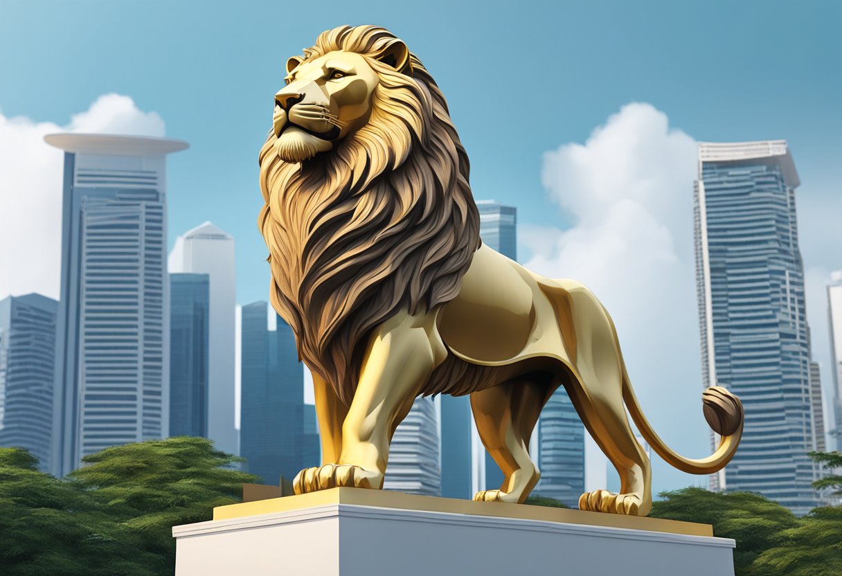 A majestic lion statue stands tall in Singapore, with a regal mane and powerful stance. The lion exudes strength and nobility, capturing the spirit of the city