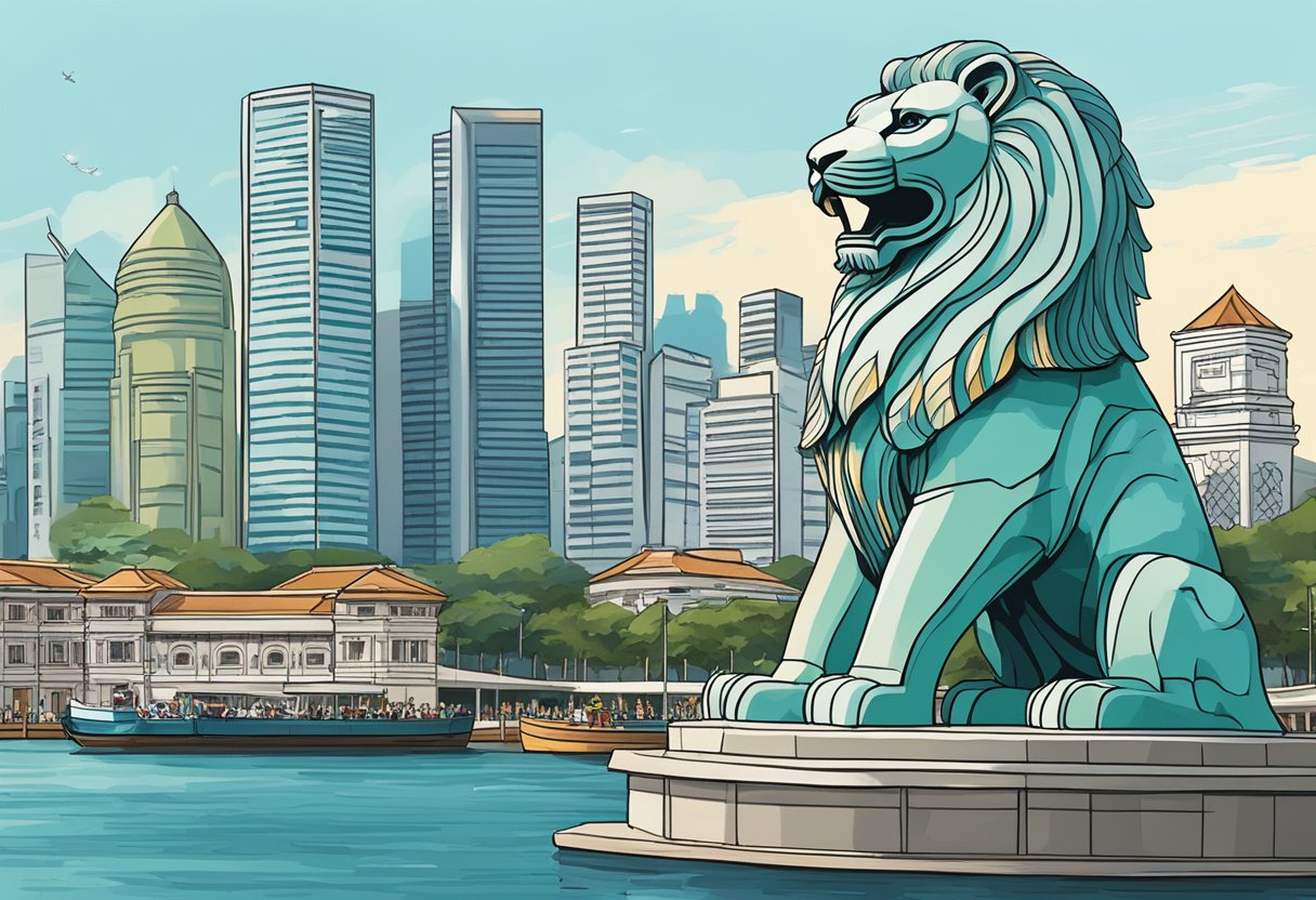 The majestic Merlion statue stands tall, symbolizing Singapore's history and significance as a maritime trading hub. The lion's head and fish body represent the city's origins as a fishing village and its transformation into a powerful lion city