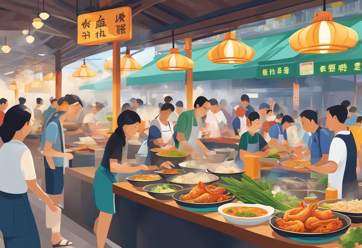 A bustling hawker center with colorful stalls and aromatic smoke rising from sizzling woks. Diners eagerly sample iconic dishes like Hainanese chicken rice and chili crab