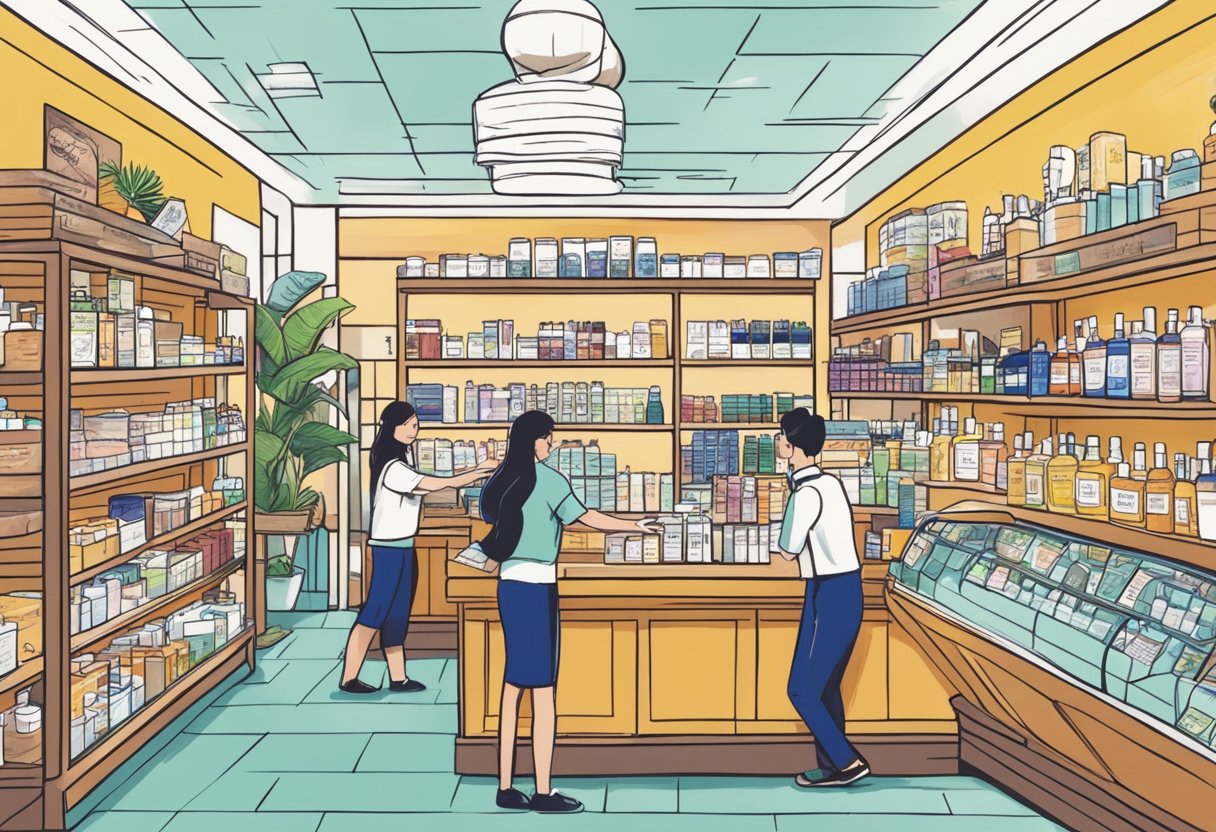 A bustling Kiehl's store in Singapore, with bright and welcoming decor, shelves lined with skincare products, and a friendly sales associate assisting a customer