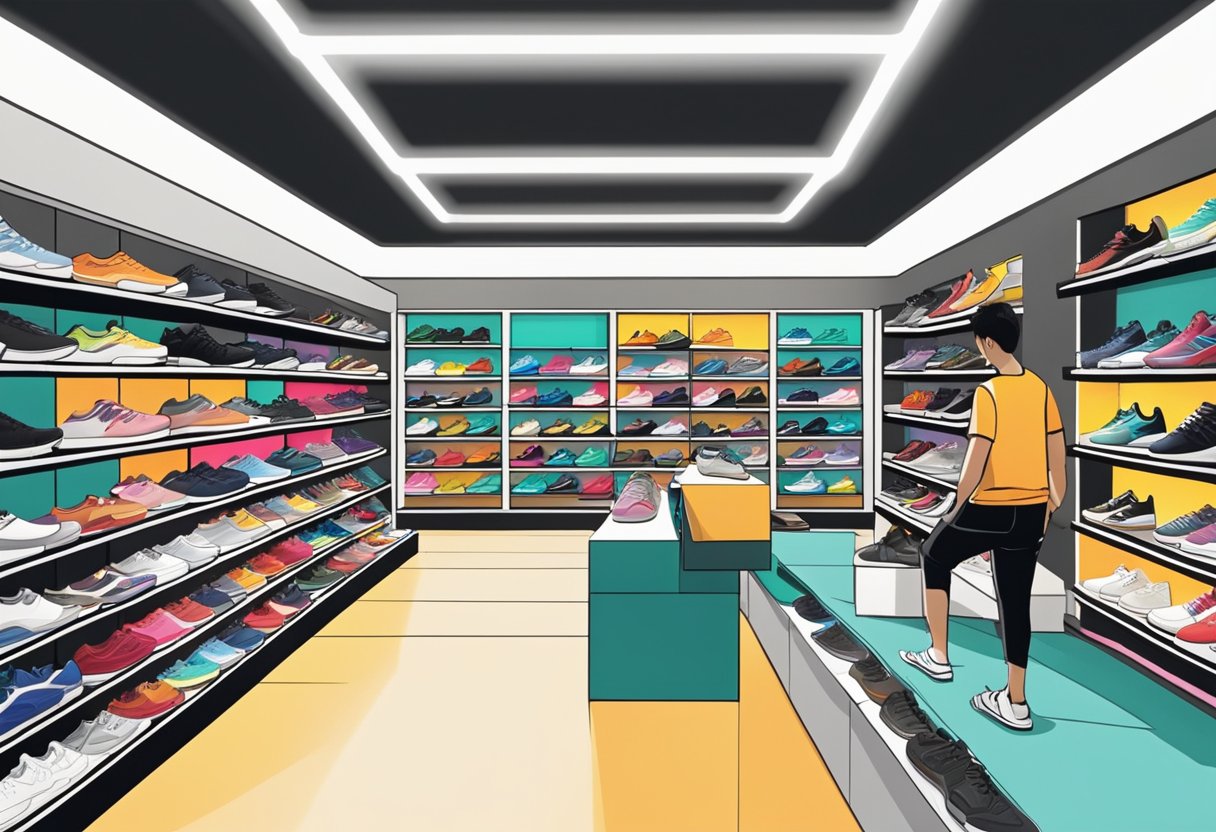People browsing shoes at Foot Locker Singapore. Sneakers on display, shelves neatly organized. Bright lighting, modern store design