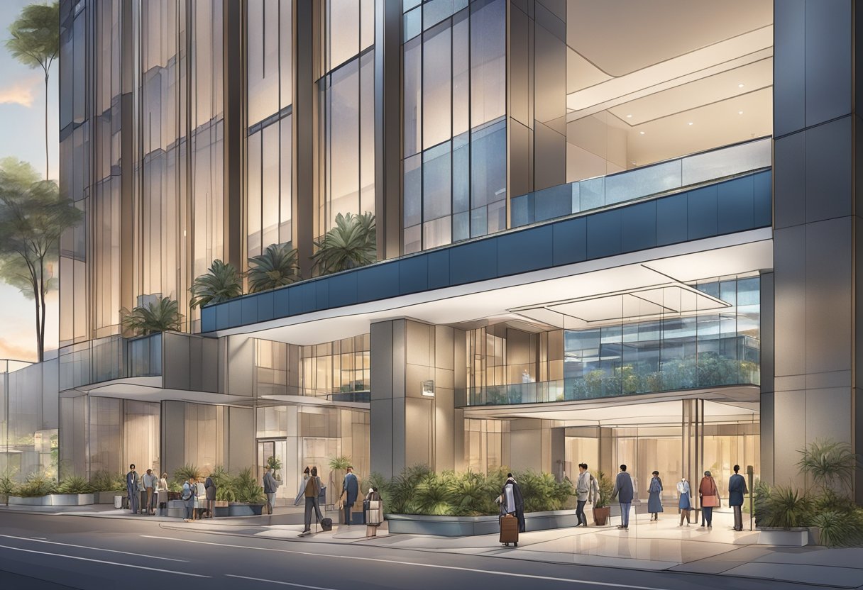 The hotel stands tall with a modern design, surrounded by bustling city streets and towering skyscrapers. The entrance is adorned with sleek signage, while guests mill about the lobby, checking in and out