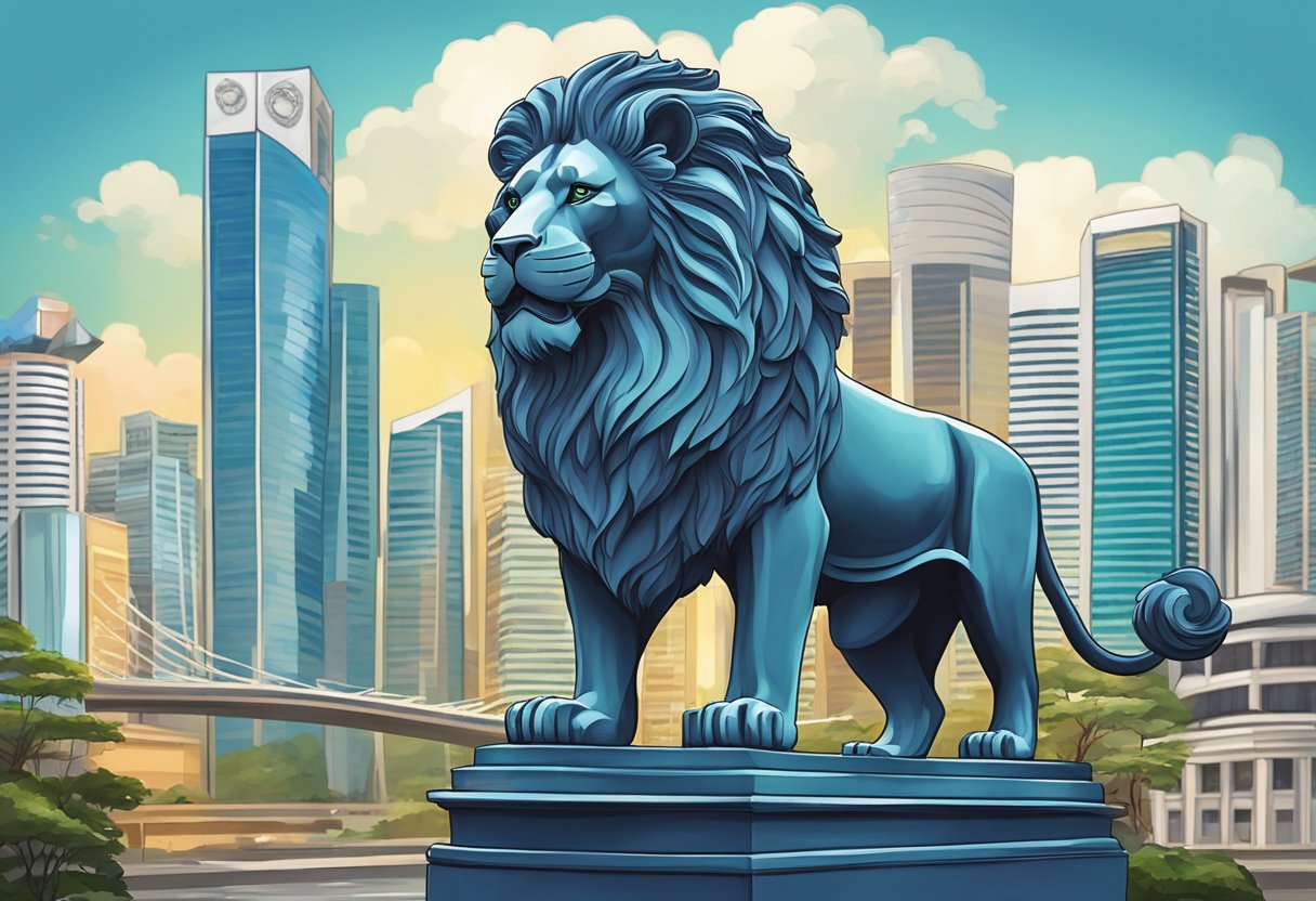 The iconic Singapore lion statue stands tall, overlooking the bustling city, symbolizing the cultural and touristic impact of the vibrant metropolis