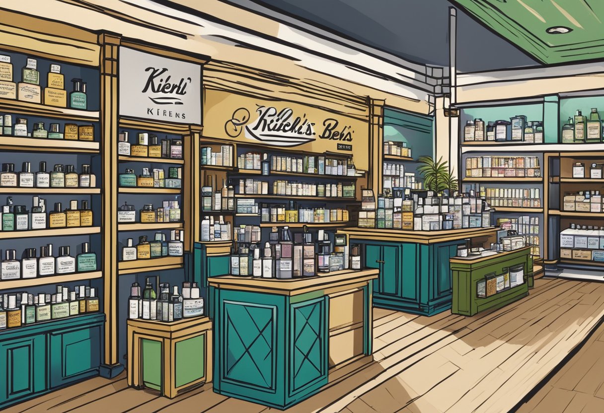 A display of Kiehl's best-selling products in a Singaporean store, with prominent branding and attractive packaging