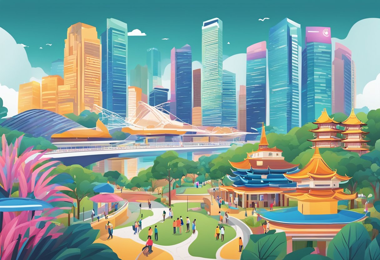 A vibrant cityscape with iconic Singapore landmarks, showcasing the excitement and energy of locals using their rediscover vouchers before the expiry date
