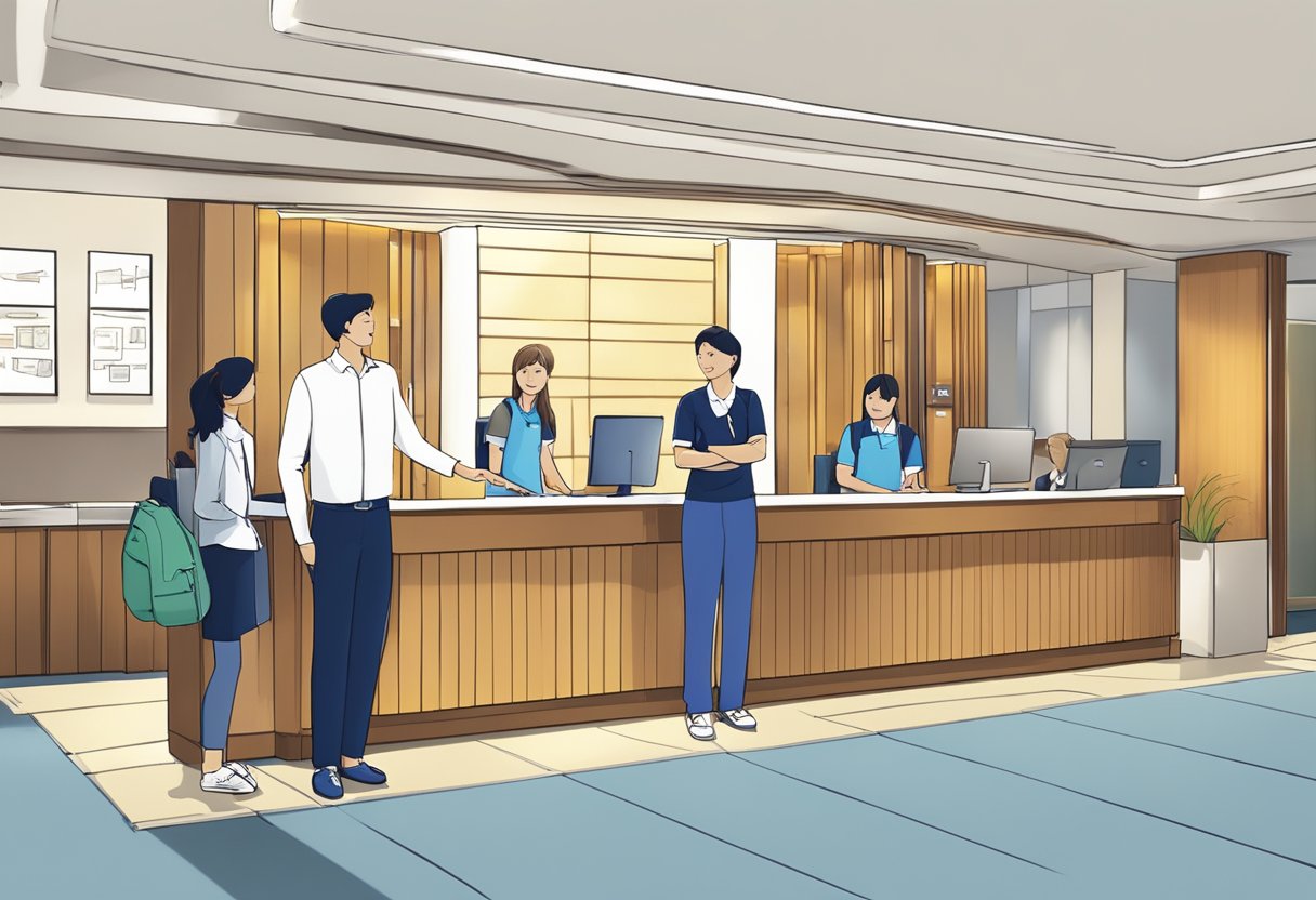 The ibis budget Singapore Imperial hotel lobby bustles with guests seeking answers to their frequently asked questions. The front desk staff assists with a smile