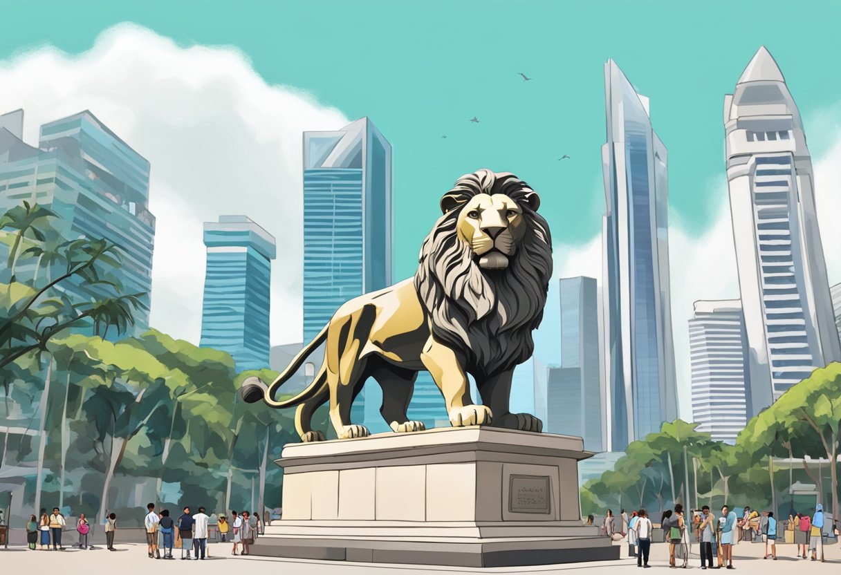 A majestic lion statue stands proudly in the heart of Singapore, surrounded by curious onlookers and tourists snapping photos