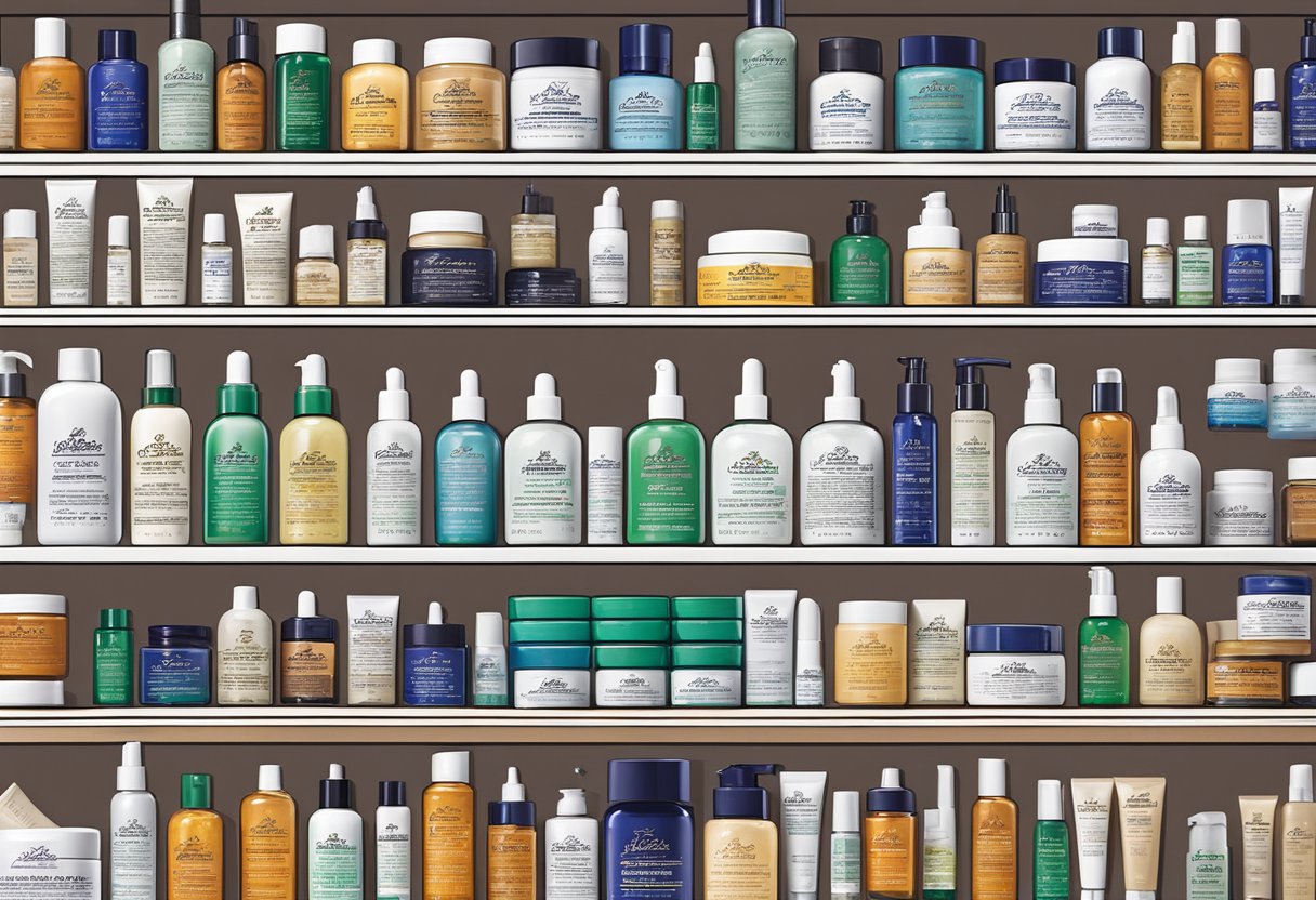 A display of Kiehl's skincare products arranged on a clean, minimalist shelf with the brand's logo prominently featured