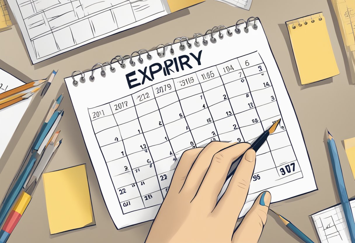 A calendar with a circled date, a voucher with "expiry" written on it, and a hand drawing an arrow to extend the date