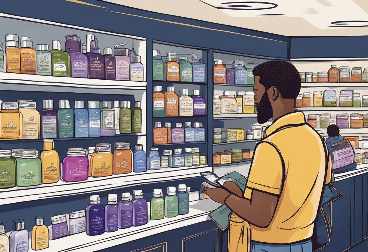 A customer browsing through a display of Kiehl's products with a "Frequently Asked Questions" sign in the background